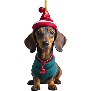 Close-up detail of the cute dachshund Christmas ornament wearing a festive hat and sweater.