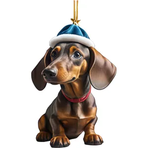 Cute Christmas Dachshund Dog acrylic hanging ornament for holiday tree party decor detail view