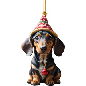Cute Christmas Dachshund hanging ornament, acrylic car charm and tree decor pendant.