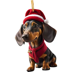 Christmas dachshund hanging ornament, cute puppy with Santa hat and red scarf for tree decor.