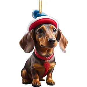 Cute Christmas dachshund acrylic hanging ornament, 2D cartoon tree decoration pendant.