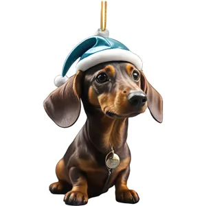 Dachshund Christmas tree ornament, cute dog hanging decoration with blue santa hat, 2d acrylic