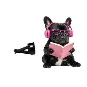 Lindo bulldog francés clip de ventilación de coche aromaterapia adorno con auriculares rosas.