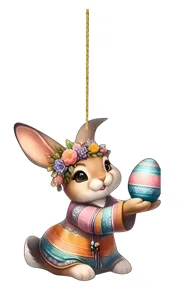 Easter bunny acrylic hanging ornament detail, cute rabbit with flower crown and colorful egg.