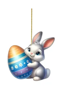 Close-up detail of the cute Easter bunny hugging a colorful egg pendant, vibrant colors.