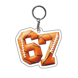 Acrylic 2D digital 67 basketball pattern keychain charm detail view, stylish bag pendant.