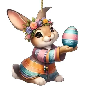 Easter bunny acrylic hanging ornament, cute rabbit with flower crown holding egg for car decor.