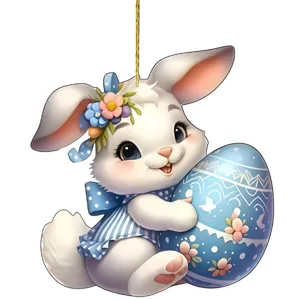 Easter bunny acrylic car hanging ornament, cute blue egg design flat pendant for bags decor.