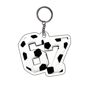 Acrylic 2D flat number 67 soccer ball keychain for bag decor and car rearview mirror pendant.