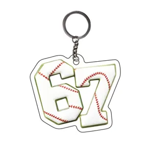 Acrylic 2D flat baseball number 67 keychain pendant for bags and car rearview mirror decoration.