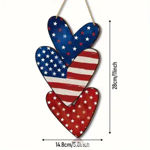 July 4th patriotic hanging heart sign, wooden US flag door decor with natural rope.