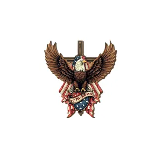 Independence Day wooden hanging sign with bald eagle and American flag wall decor item.