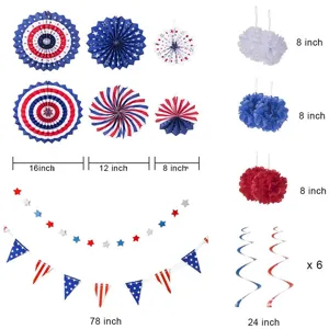 4th of July party decorations set patriotic paper fans pom poms banners hanging swirls red white blue