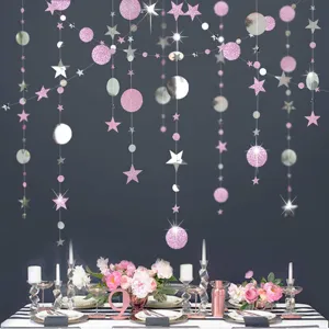 4m iridescent star and moon hanging garland pink glitter ceiling party bedroom decor