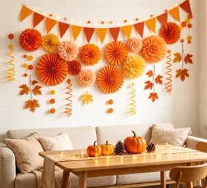 Autumn party decoration set including paper fans, banners, and hanging swirls for harvest.