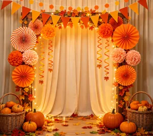 Autumn harvest party decoration set paper fans bunting hanging swirls autumn leaves pumpkin