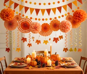 Autumn harvest party decoration set paper fan banner swirls Thanksgiving table decor