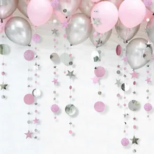 Pink and silver star moon hanging garland for girl room bedroom ceiling party decor 4 meters