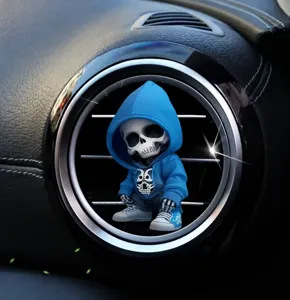 Blauwe hoodie skeleton auto luchtrooster ornament, acryl cool skull diffuser clip detail.