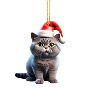 Cute grey cat Christmas tree hanging ornament with Santa hat flat acrylic festive decoration