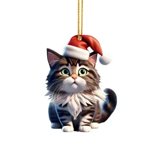 Cute Christmas cat ornament detail shot, acrylic material, festive hanging decoration.