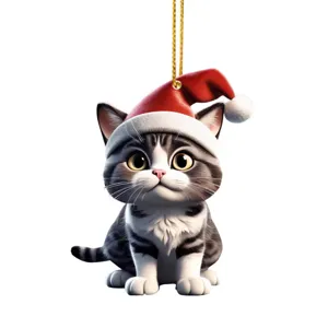 Close-up detail of the cute cartoon cat Christmas tree hanging ornament wearing a red santa hat.