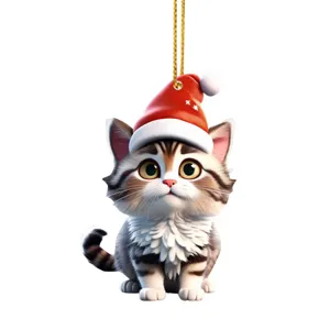 Cute cartoon tabby cat wearing Santa hat Christmas tree hanging ornament acrylic pendant decor