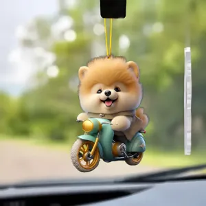 Lindo perro Pomeranian scooter acrílico plano coche espejo retrovisor colgante adorno regalo