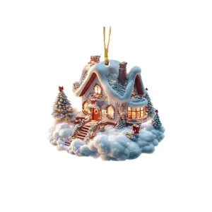 Christmas acrylic snow house hanging ornament 2D flat micro landscape holiday decor