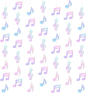 Iridescent music note garland detail, holographic party hanging decoration for celebration.