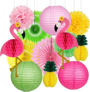Hawaiian tropical party paper decorations detail featuring flamingo honeycomb balls and lanterns.