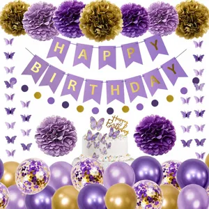 Purple Butterfly Birthday Party Decorations Set Banner Latex Balloons Paper Flower Balls Girl Birthday Party Supplies