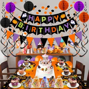 Halloween party decoration set featuring triangle banner, honeycomb balls and festive table setup.