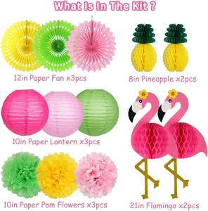 Hawaiian flamingo paper fan flower set honeycomb ball pineapple summer beach party decor kit