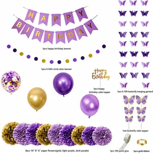 Details of purple and gold birthday party decoration set with banner balloons and butterfly.
