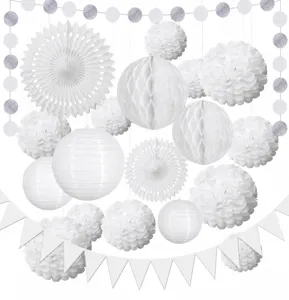 Weisse papierfaecher blumen set hochzeit party dekorationen weiss thema laterne honigwaben
