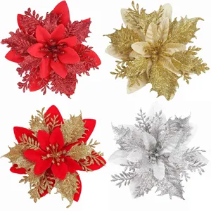 Christmas Tree Decoration Gold Powder Artificial Flower Set With Clips And Sticks Holiday Wreath Ornaments