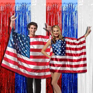 Red white and blue tinsel backdrop and american flag cape detail shot for holiday party decor