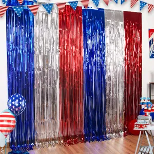 Red white and blue tinsel foil fringe curtains for US independence day party background decor.