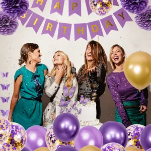 Purple birthday party decoration set with banner balloons paper flowers and butterfly decor