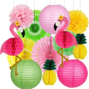 Hawaiian Flamingo Paper Fan Flower Set Pineapple Honeycomb Ball Paper Lantern Summer Beach Party Decoration Supplies