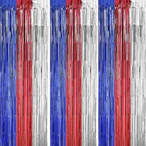 Red white and blue metallic tinsel foil fringe curtains for Independence Day party decor.