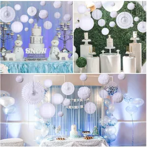 White paper lanterns and fans decoration set for wedding party celebrations and festive events.