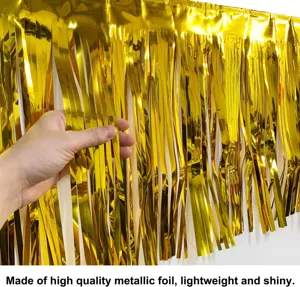 Gold metallic foil fringe curtain detail view, shiny party background decor, lightweight material.
