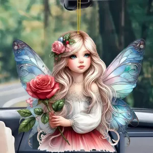 Acrylique Rose Ange Ailes de Fée Elfe Pendentif de Rétroviseur de Voiture Mignon Dessin Animé Porte-clés Ornement Suspendu Cadeau