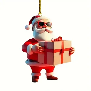 Santa Claus wearing cool sunglasses holding gift box acrylic ornament Christmas tree detail view.