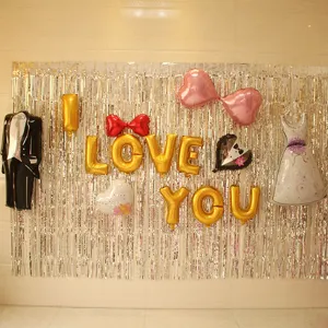Thickened tinsel fringe curtain with golden love you foil balloons for party backdrop decor