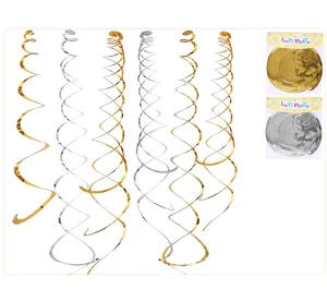 Gold and silver spiral hanging party decorations PVC streamers for celebration events.