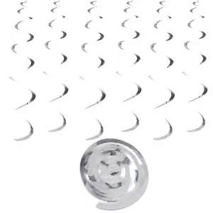 Silver PVC spiral hanging swirls for party decoration, festive ceiling streamers and celebration props.