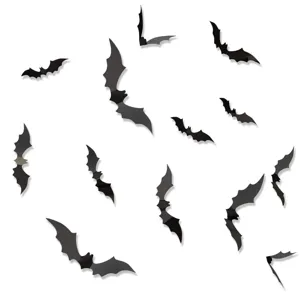 3D black bat wall stickers detail view, PVC spooky Halloween window decor props.